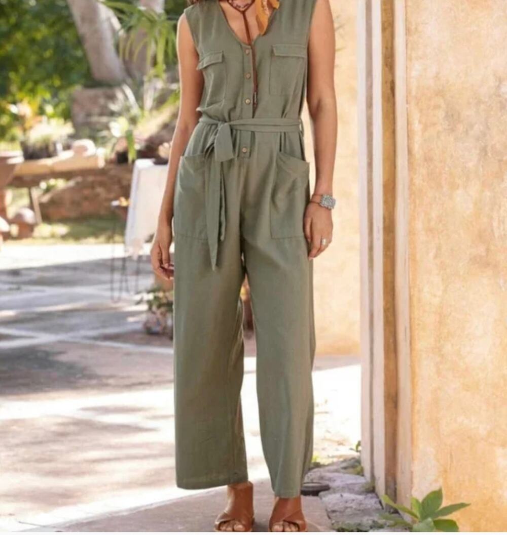 The Shanty Flax Linen Sage Green Jumpsuit Romer Tie Waist Utility  L Large